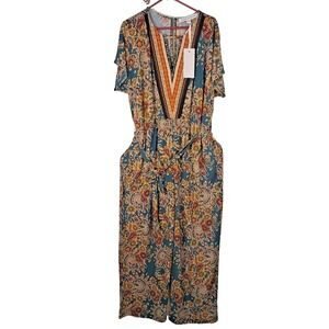 Curations Nicole Hickl Jumpsuit Womens 1X Floral Boho Wide Leg Pockets V Neck